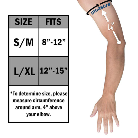 Size chart guide for a woven elbow brace