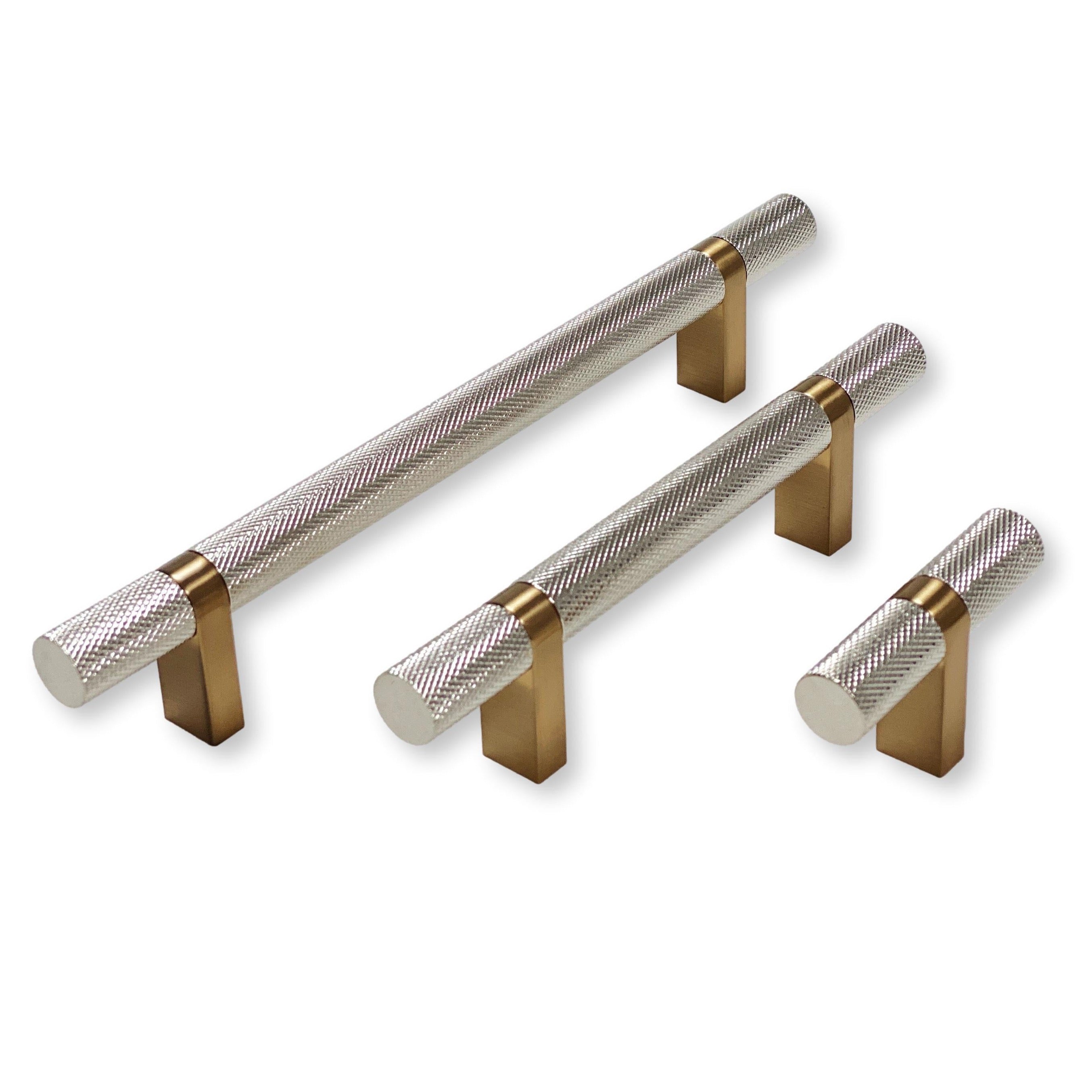 Knurled Select T-Bar Champagne Bronze and Polished Nickel Knobs and Pulls