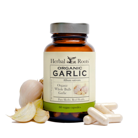 Bottle of Herbal Roots Organic Whole Bulb Garlic.