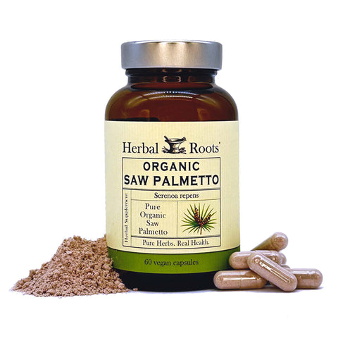 Bottle of Herbal Roots Saw Palmetto with capsules on the right of the bottle and saw palmetto powder on the left