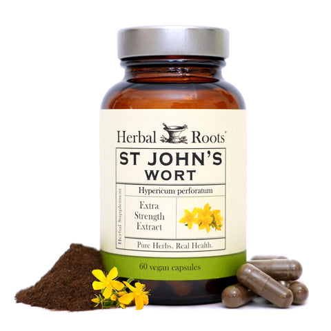 Bottle of Herbal Roots St Johns Wort with capsules on the right of the bottle and a small pile of St Johns Wort powder and a couple of flowers on the left.