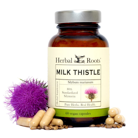 Bottle of Herbal Roots Milk Thistle with capsules and Milk Thistle seeds on either side of the bottle, and a milk thistle flower on the left of the bottle.