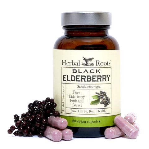 Bottle of Herbal Roots black elderberry with capsules on either side of the bottle and a small pile of fresh elderberries on the left