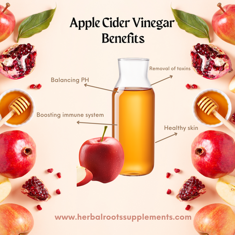 a glass bottle of apple cider vinegar with arrow pointing from the bottle highlighting the benefits of acv. The text says Balancing PH, Immune Boosting Properties, removal of toxins, and healthy skin