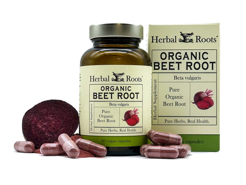 Bottle and box of Herbal Roots Organic Beet root supplement