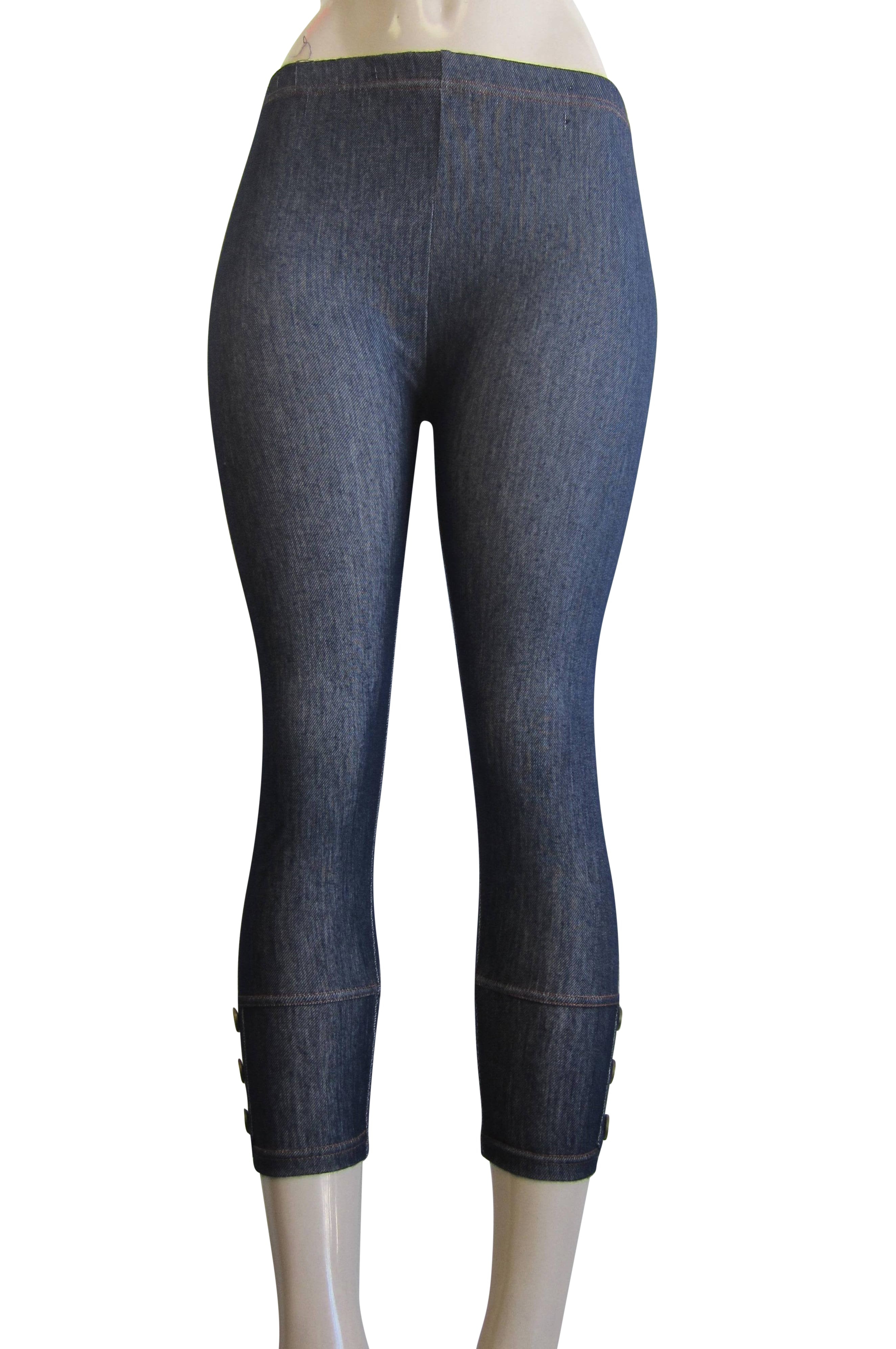 Women One Size Capri Denim Look Button Design Leggings (FAB-11345