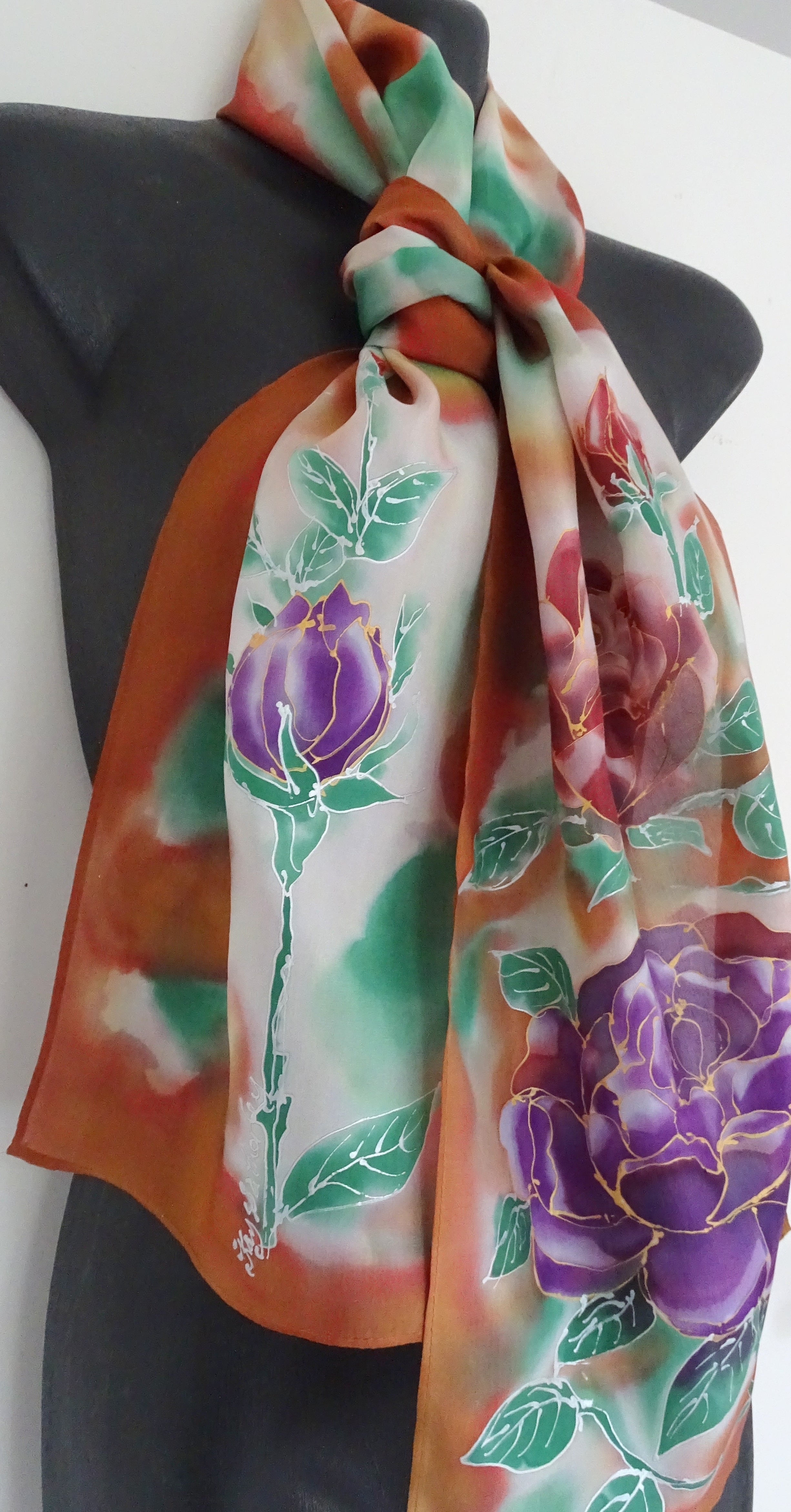 Roses on Tawny Cinnamon - Hand painted Silk Scarf – Kay Designs New Zealand