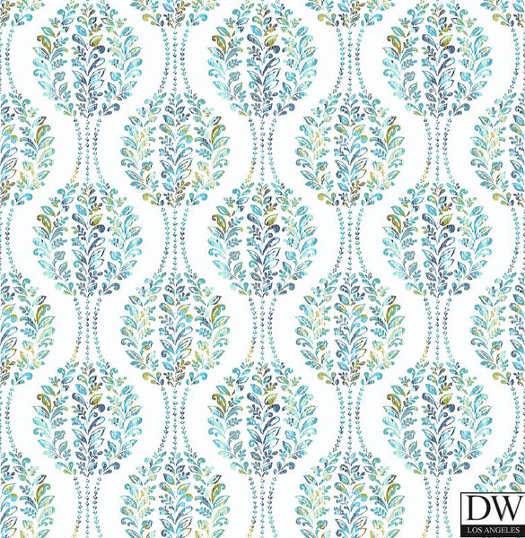 Versailles Teal Floral Damask Wallpaper – Designer Wallcoverings and