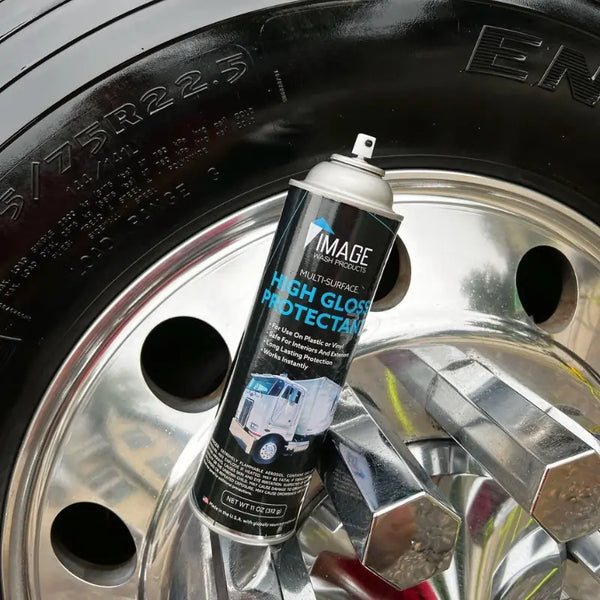 High Gloss Protectant in front of freshly dressed truck tire