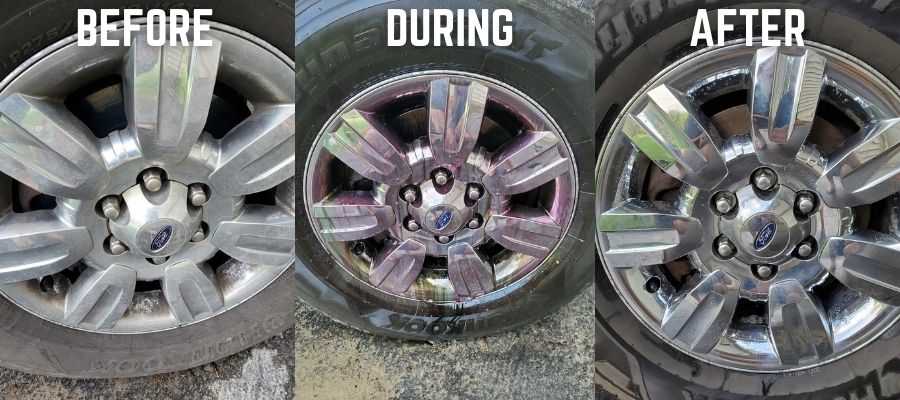 Iron Remover before and after shots from a wheel with lots of brake dust buildup