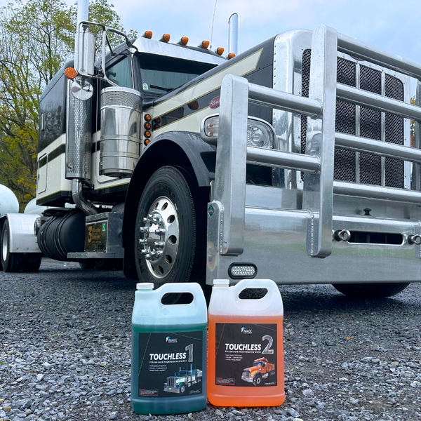 Touchless 1 & 2 truck wash soap in front of clean semi