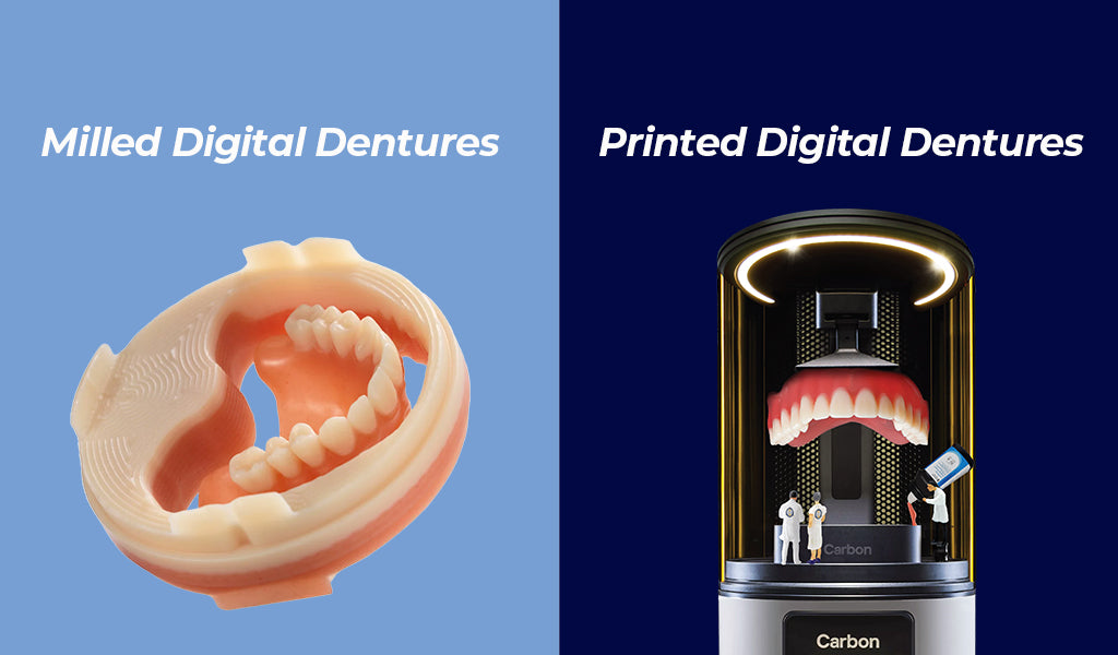 two types of digital dentures on a dental table