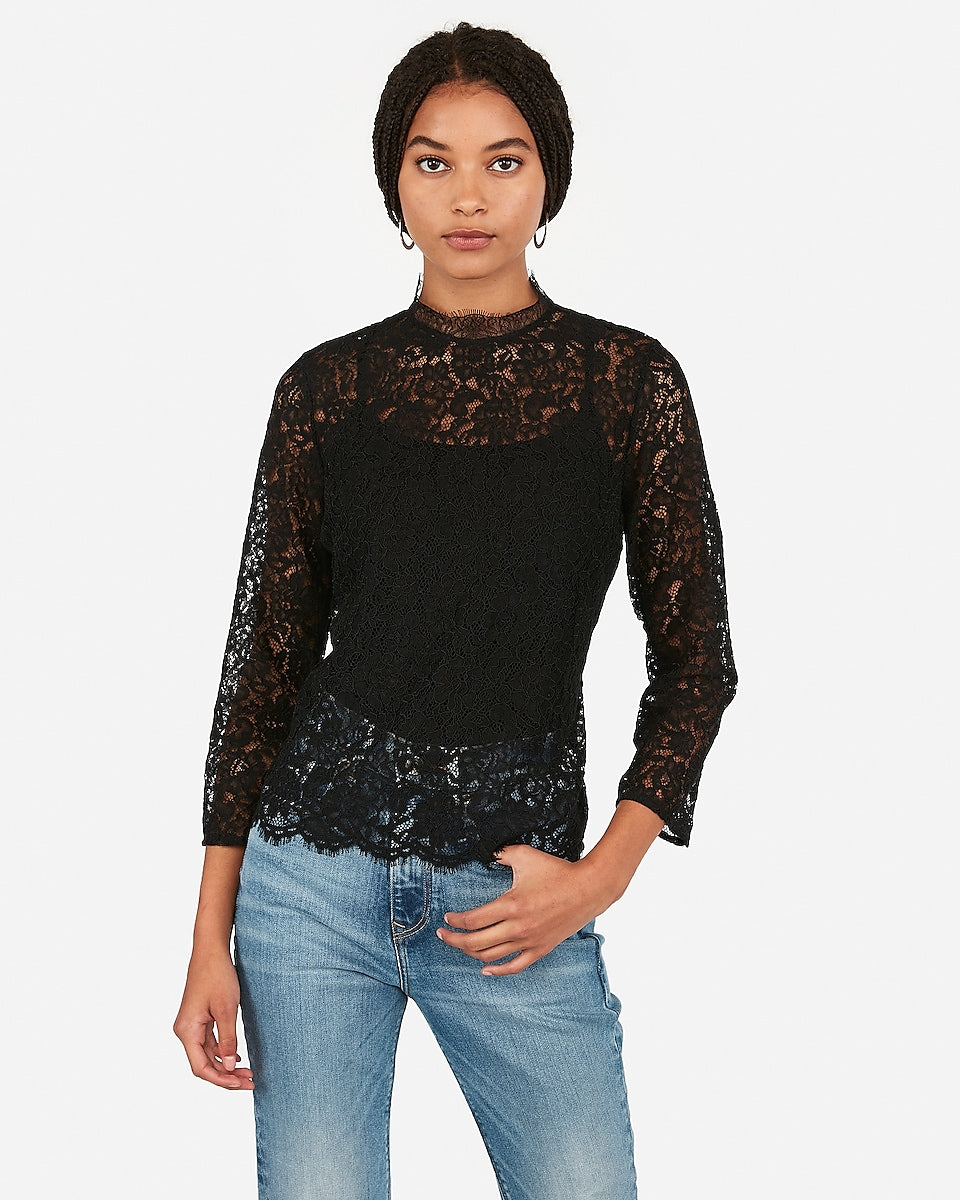 Express | Mock Neck Lace Top in Pitch Black | Express Style Trial
