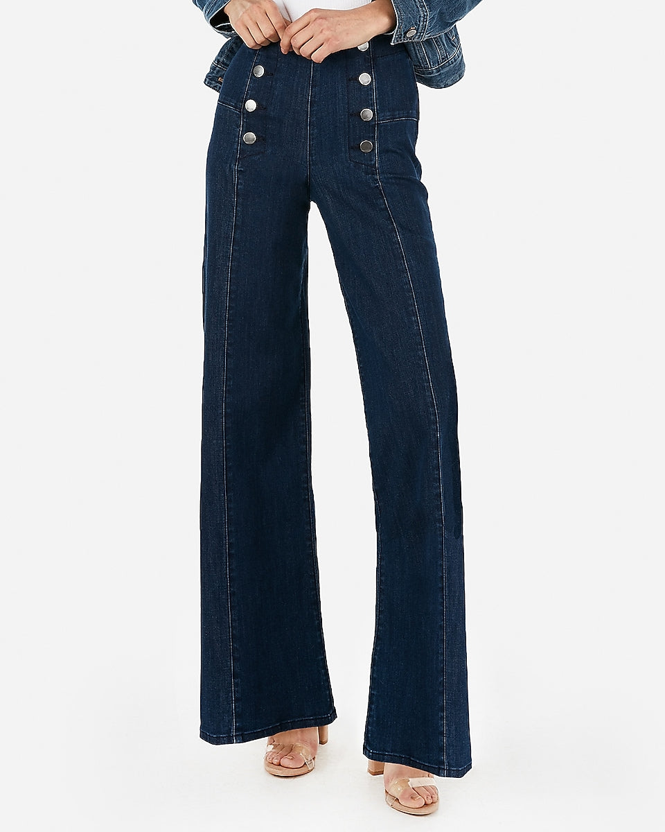 Express | Super High Waisted Button Front Wide Leg Jeans in Dark Wash ...