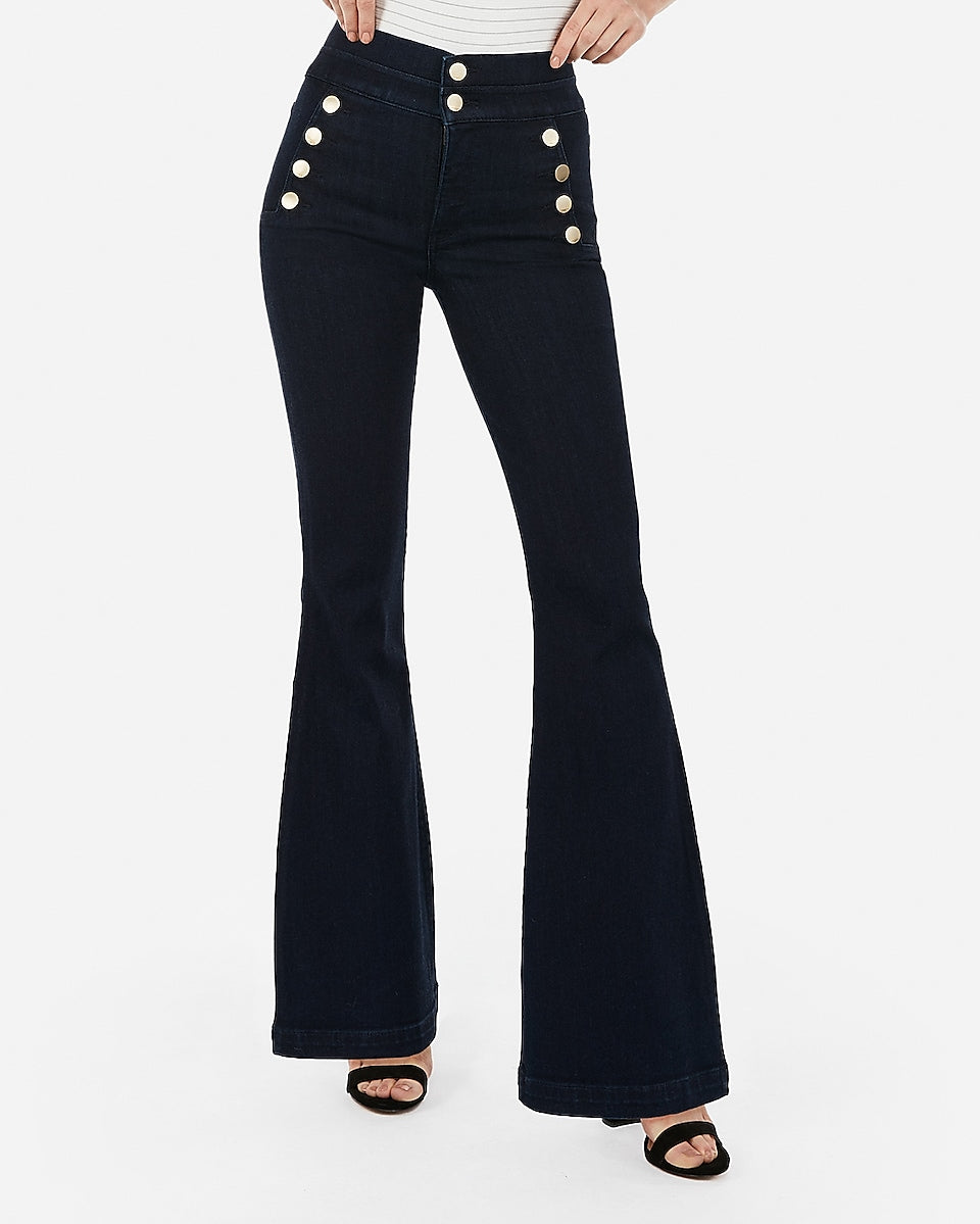 Express  High Waisted Perfect Button Front Flare Jeans in Dark