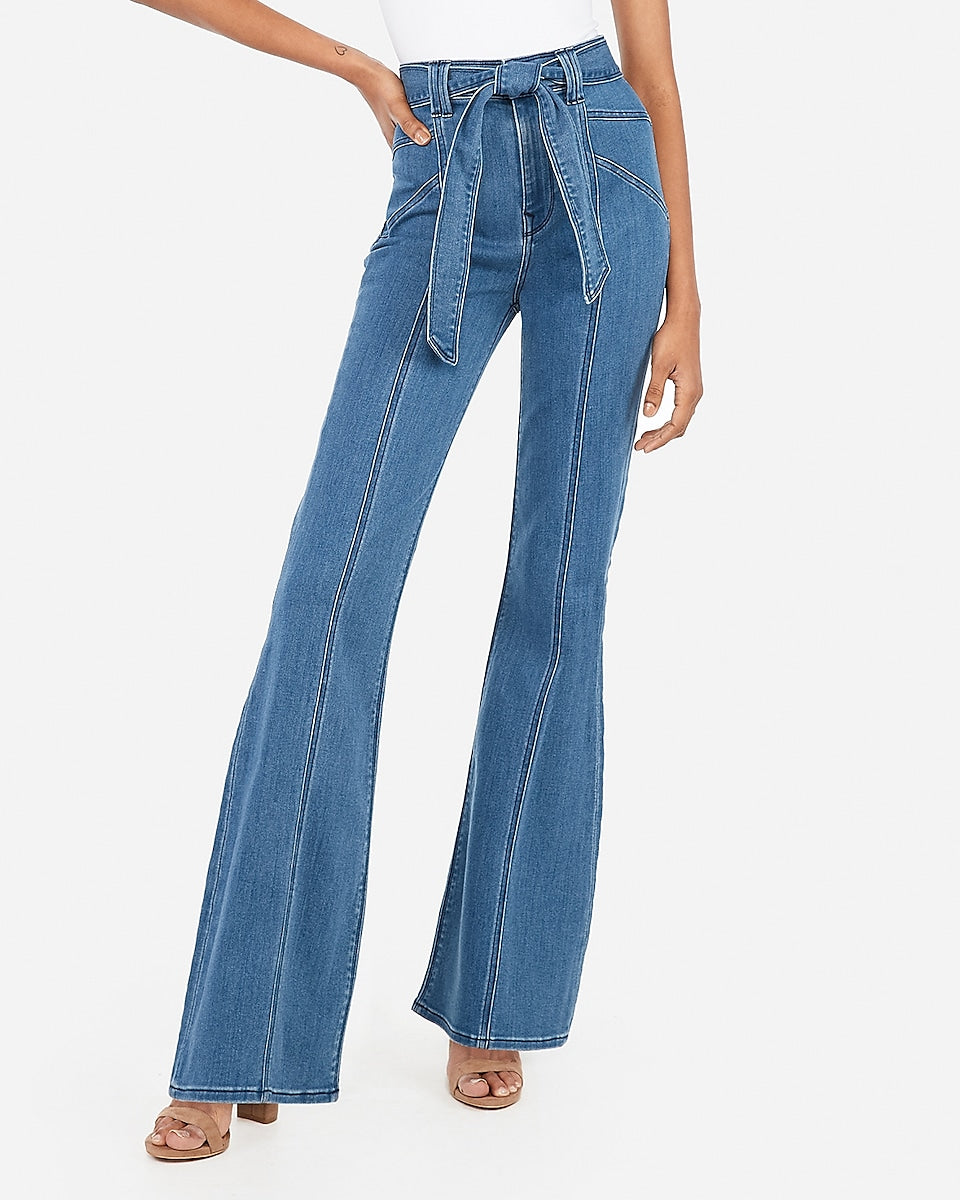 Express  Super High Waisted Seamed Bell Flare Jeans in Dark Wash
