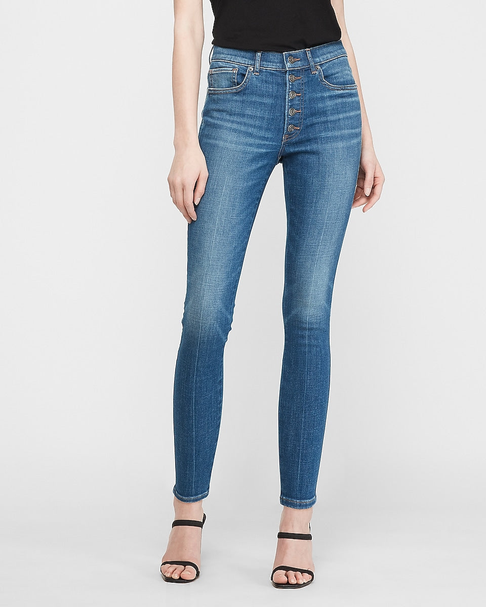 Express, Mid Rise Stretch Jean Skinny in Medium Wash