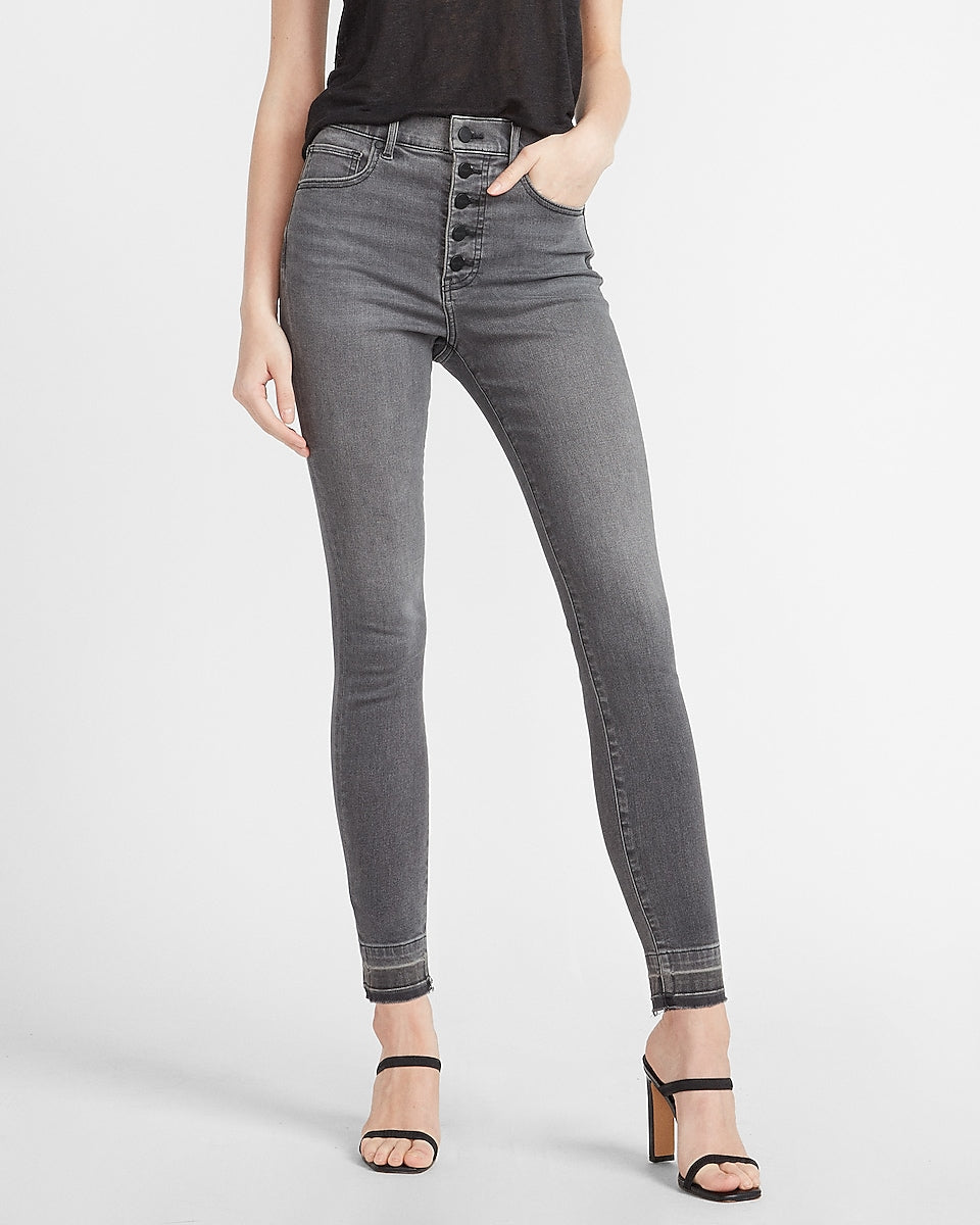 Express | High Waisted Black Button Fly Skinny Jeans in Pitch Black |  Express Style Trial