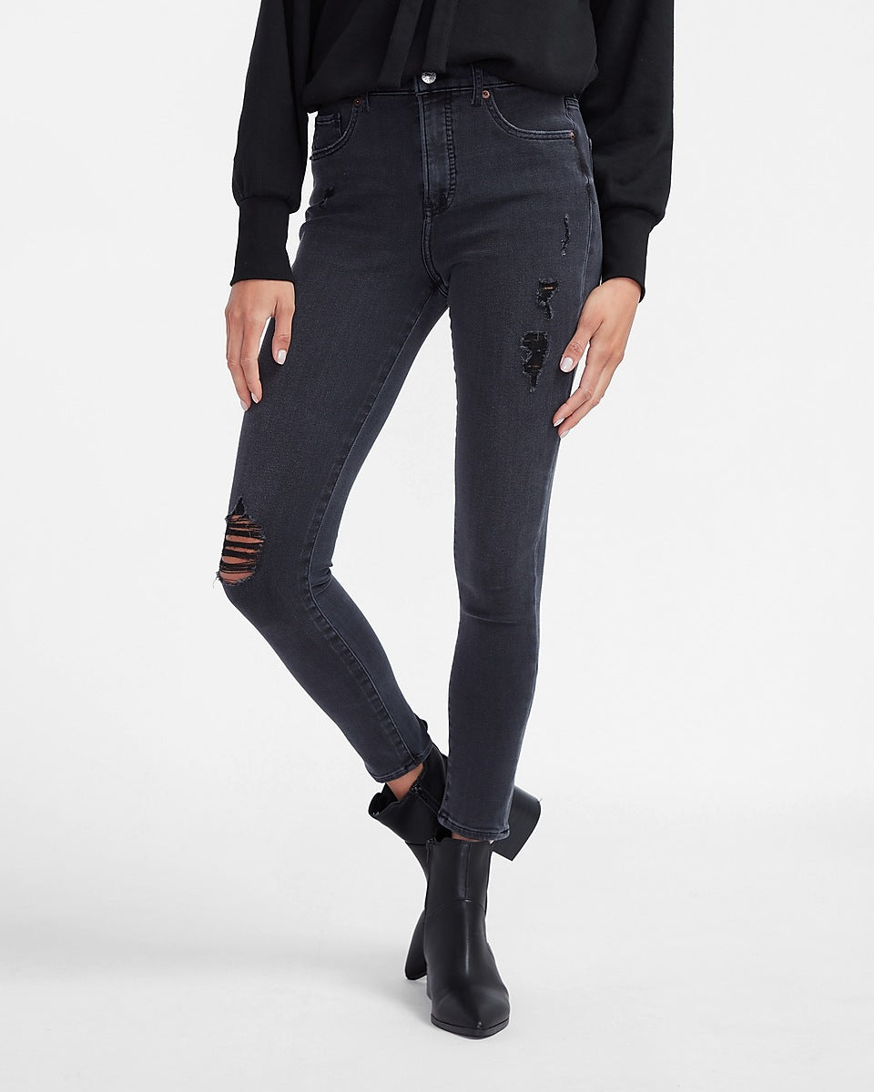 Express | High Waisted 4-Way Hyper Stretch Black Ripped Skinny Jeans in ...