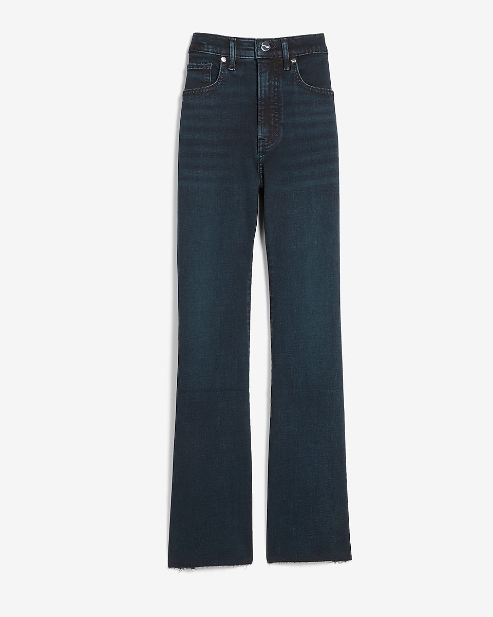 Express | High Waisted Raw Hem Cropped Flare Jeans in Dark Wash ...