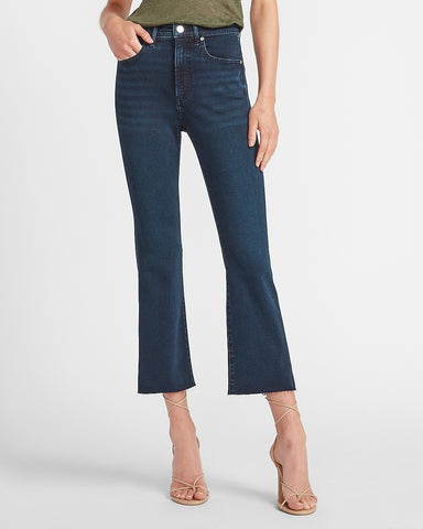 Express | High Waisted Raw Hem Cropped Flare Jeans in Dark Wash ...