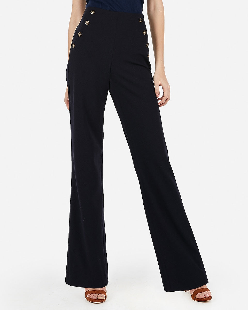 Express  High Waisted Button Front Wide Leg Pant in Navy Blue