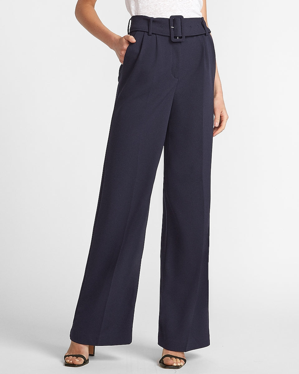 Express, High Waisted Belted Wide Leg Pant in Navy Blue