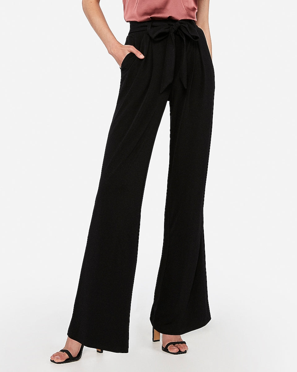 Express | High Waisted Knit Wide Leg Paperbag Pant in Pitch Black ...