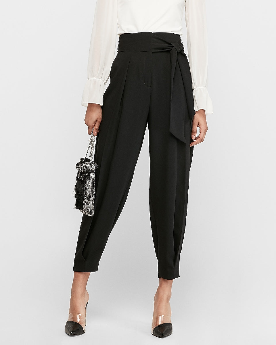 Express | Super High Waisted Drapey Side Tie Ankle Pant in Pitch Black ...