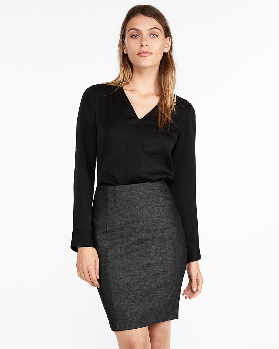 Black Polyester-Rayon high waisted short pencil Skirt