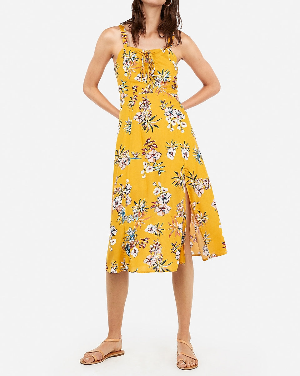 yellow print midi dress