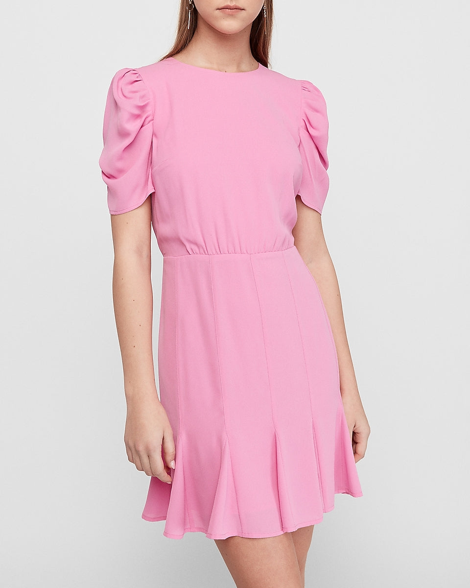 Express | Puff Sleeve Fit & Flare Dress in Radiant Peony | Express