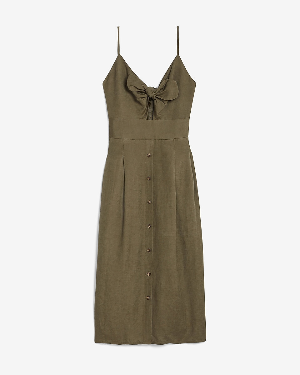 Linen-Blend Button Front Tie Midi Dress 