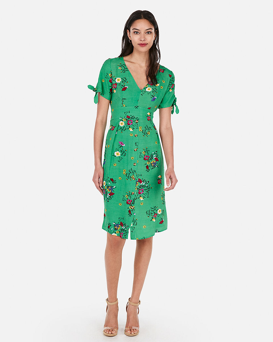 green floral midi dress with sleeves