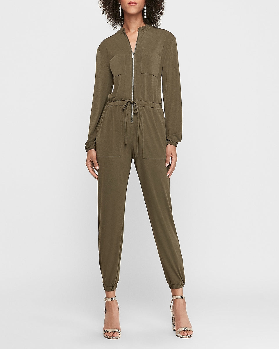 Express, Soft Zip Front Utility Jumpsuit in Olive Green