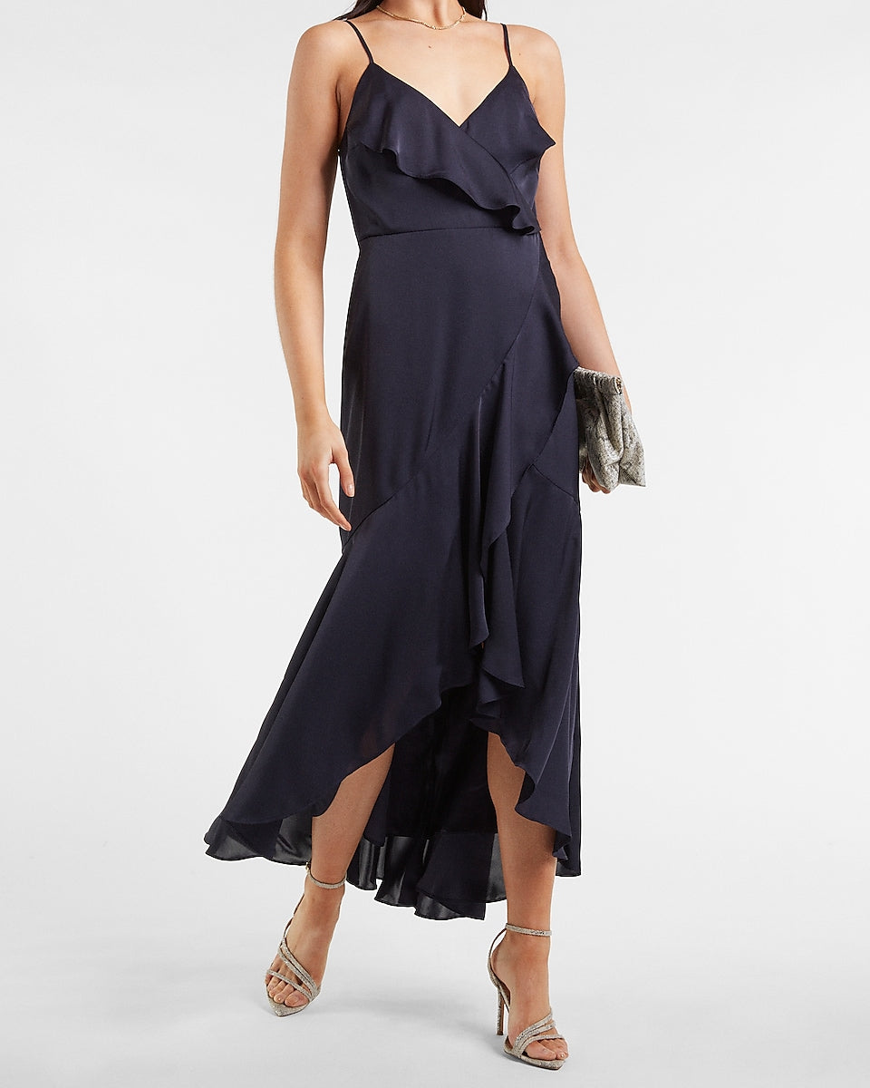 Express | Satin Ruffle Wrap Midi Dress in Navy Blue | Express Style Trial