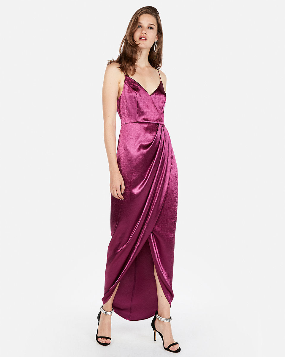 Express | Satin Wrap Front Maxi Dress in Plum | Express Style Trial