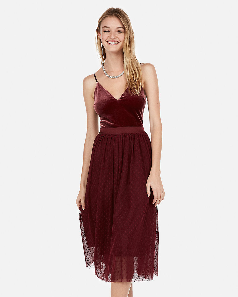 velvet bodice tulle midi dress