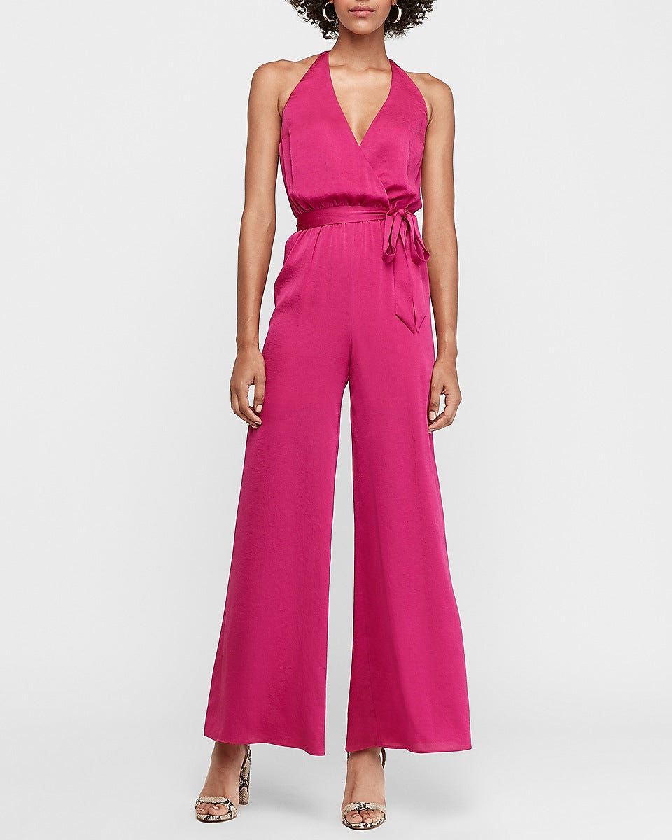 Ready to Impress Hot Pink Strapless Tie-Front Wide-Leg Jumpsuit
