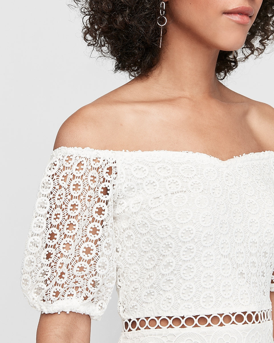 white crochet one shoulder midi dress