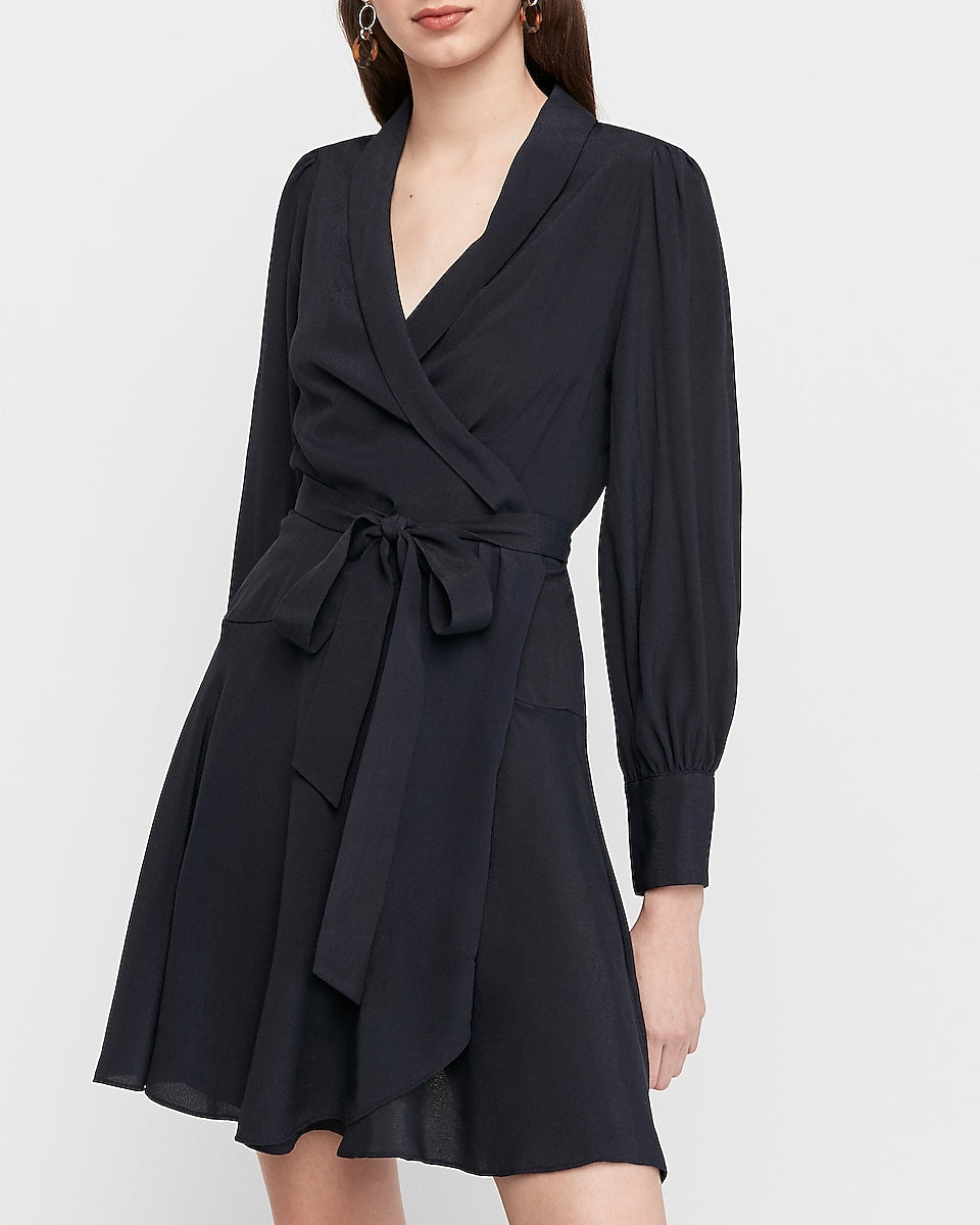 Express | Puff Shoulder Wrap Dress in Navy Blue | Express Style Trial