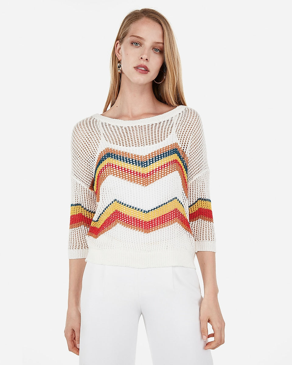 Express, Chevron Open Stitch Pullover Sweater in White