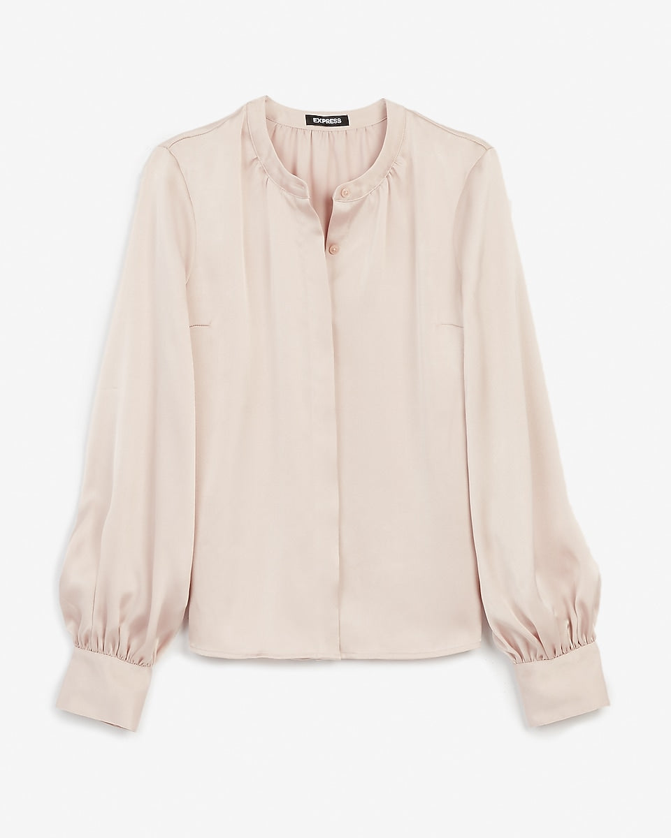 Express | Satin Collarless Balloon Sleeve Button Up Shirt in