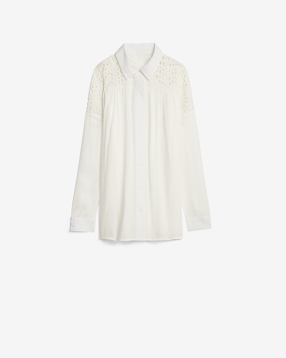 Express | Eyelet Lace Pleated Shirt in Ivory | Express Style Trial