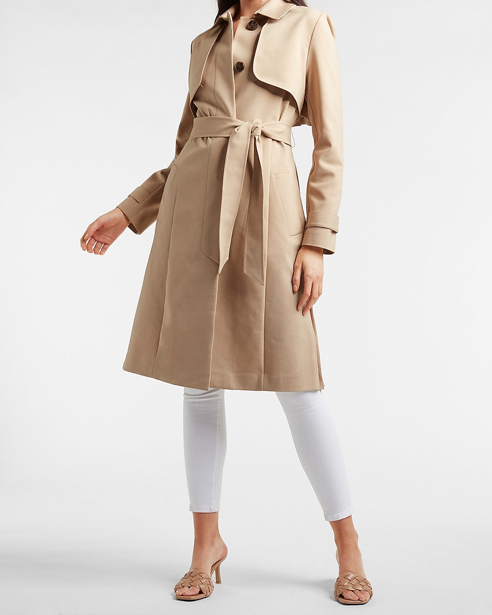 Express | Belted Pleated Back Trench Coat in Beige | women 