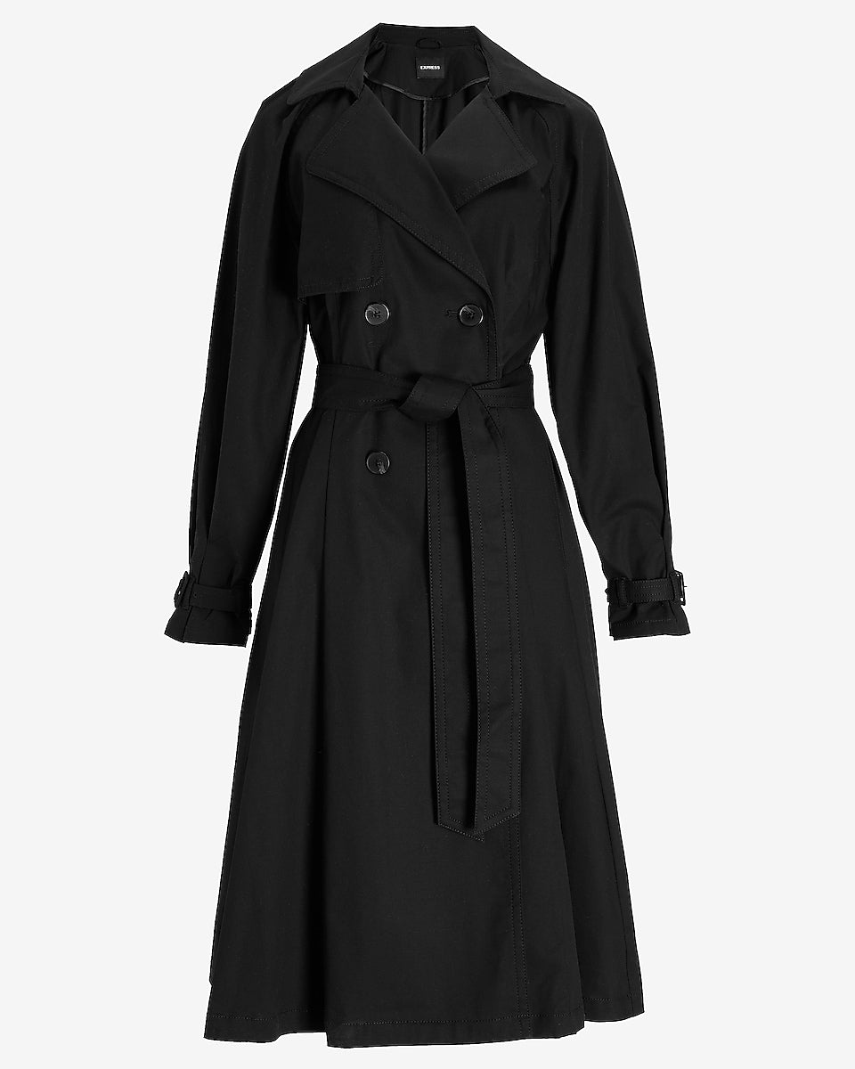 Express | Belted Balloon Sleeve Pleated Trench Coat in Pitch Black 