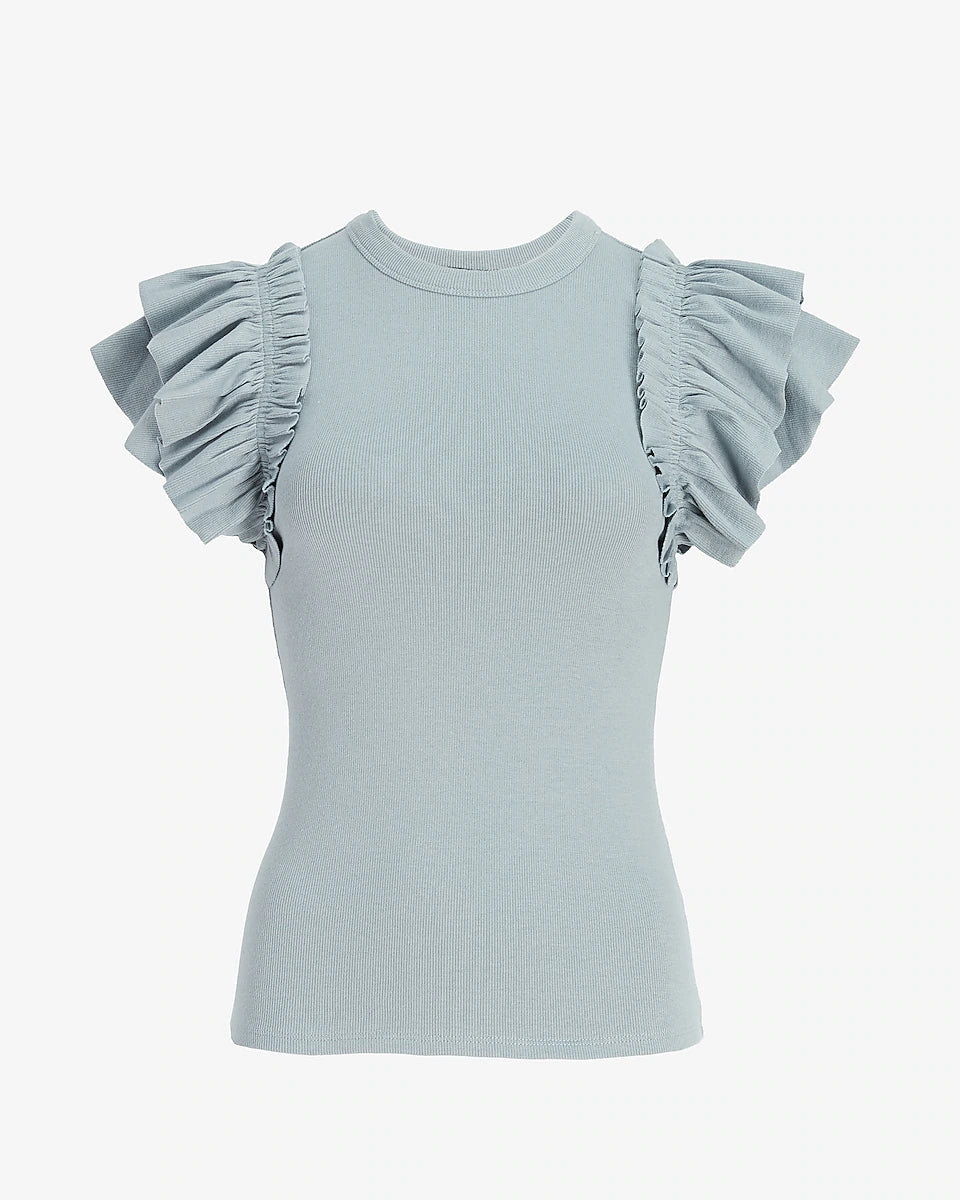 Express | Ribbed Ruffle Sleeve Tee in Slate Blue | Express Style Trial
