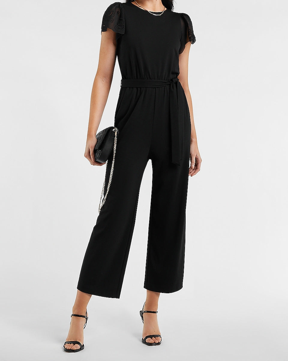 Express | Belted Lace Sleeve Culotte Jumpsuit in Pitch Black | Express ...