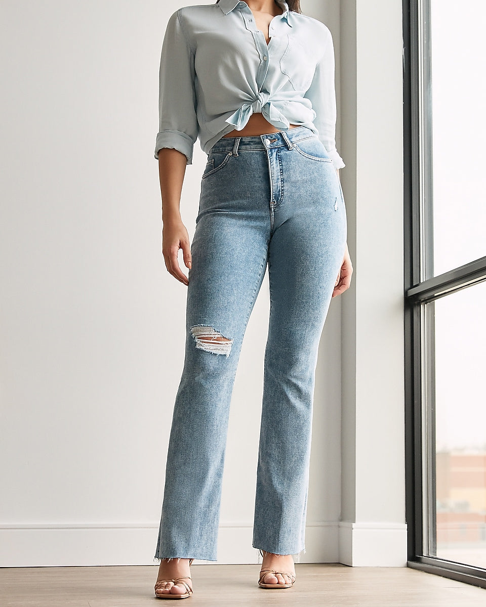 Express | High Waisted Ripped Raw Hem Curvy Bootcut Jeans in Light Wash |  Express Style Trial
