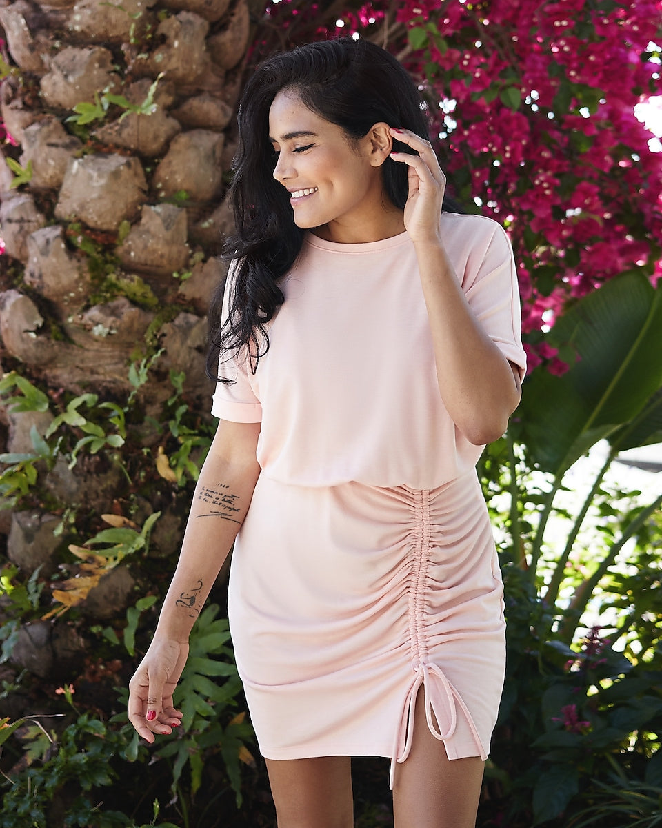 Express | Cinched Tie T-Shirt Dress in Powder Blush | Express Style Trial